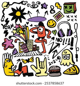 Lively hand drawn doodles featuring energetic characters, playful symbols, and urban icons like headphones and cityscape, isolated on white background