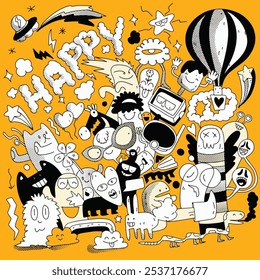 Lively hand drawn doodles filled with happy characters, quirky expressions, and playful elements like hearts, stars, and animals on a yellow background