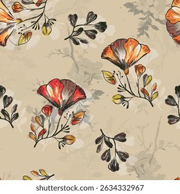 A lively hand-drawn floral design with red, orange, and yellow blossoms on a beige background, perfect for textile or wallpaper use