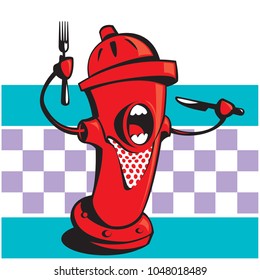 Lively hydrant with covered and open-mouthed knife with much hunger and is jumping from the excitement to eat the most delicious dishes, ideal for character of a restaurant.