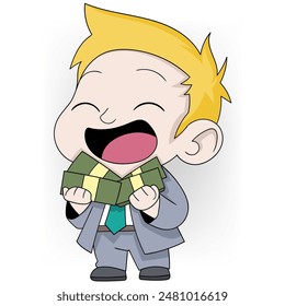 A lively illustration of a cartoon businessman with blonde hair, joyfully holding bundles of money.