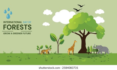 A lively illustration celebrating the International Day of Forests, showcasing a thriving forest with animals like giraffes, elephants, and tigers,