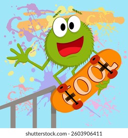 A lively illustration of a cheerful green furry monster riding a skateboard with the word "COOL" written on it, against a bright blue background with colorful paint splatters.