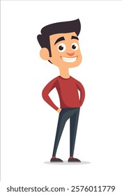 A lively illustration of a cheerful young man in a red shirt and dark pants, exuding happiness and positivity. Perfect for representing casual interactions or friendly personalities.