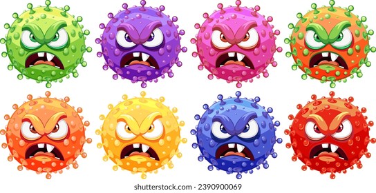 A lively illustration featuring a group of cartoon germ virus monsters