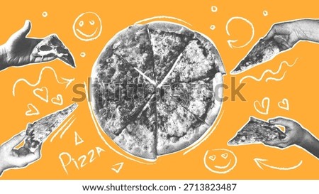 A lively illustration featuring pizza and hand-drawn doodles. A trendy collage of halftone images. Monochrome elements. Perfect for advertising food, parties, or family dinners. 