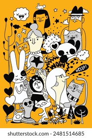 A lively illustration featuring a variety of whimsical doodle characters in black and white, set against a vibrant yellow background, including animals, people, and abstract elements.
