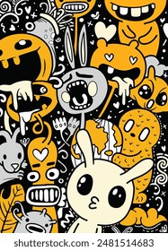 A lively illustration featuring whimsical doodle characters in vibrant colors set against a black background, showcasing varied expressions and playful designs.
