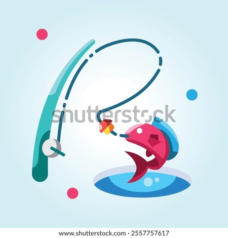 A lively illustration of a fish being caught on a fishing rod. The scene is vibrant and colorful, perfect for a summery theme