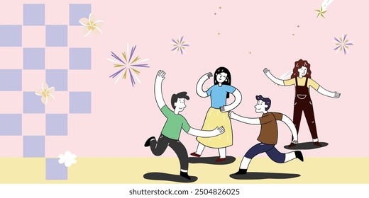 A lively illustration of four friends dancing together in a fun, celebratory atmosphere. 