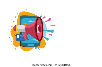 A lively illustration of a megaphone emerging from a tablet, symbolizing an online announcement or alert. This tablet displays blue and white waves on its screen. Abstract yellow background.