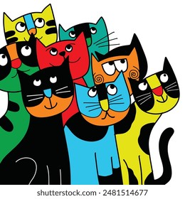 A lively illustration of multiple cartoon cats in various vibrant colors, featuring playful expressions and set against a white background.
