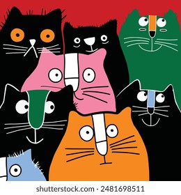 A lively illustration of multiple cartoon cats in various vibrant colors, featuring playful expressions and set against a red background.
