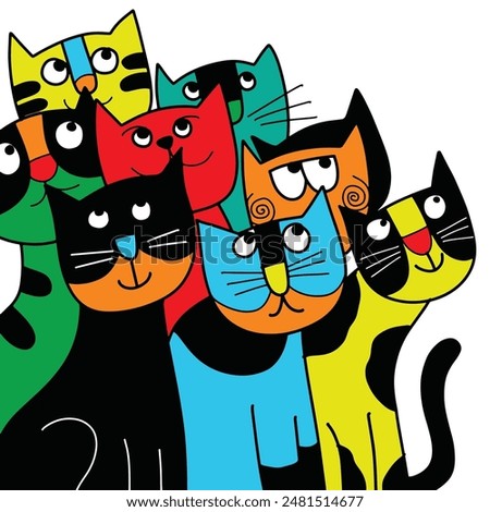 A lively illustration of multiple cartoon cats in various vibrant colors, featuring playful expressions and set against a white background.
