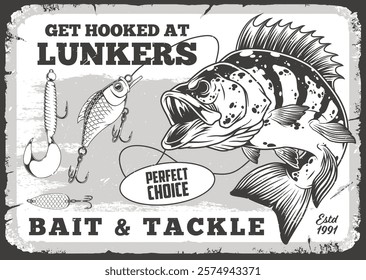 A lively illustration promotes Lunkers Bait and Tackle showcasing a striking fish alongside fishing lures. It captures the thrill of fishing and emphasizes quality equipment for enthusiasts.