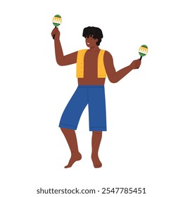 Uma ilustração animada mostra um homem alegre dançando energicamente com maracas, celebrando um rico ritmo cultural