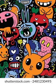 A lively illustration of whimsical doodle characters in various vibrant colors set against a black background, featuring varied expressions and playful designs.
