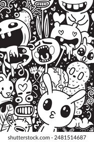 A lively illustration of whimsical doodle characters in black and white, featuring varied expressions and playful designs set against a dark background.
