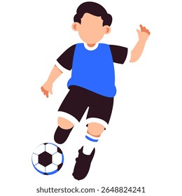 Ilustração animada de um jovem jogador de futebol chutando ativamente uma bola, capturando o espírito de jogo, trabalho em equipe e energia jovem.