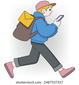 A lively illustration of a young man briskly walking while engrossed in his smartphone.