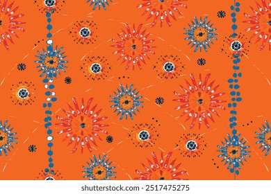 A  lively image features a captivating abstract pattern with stylized flowers and geometric elements. The design showcases a bold and energetic color palette.