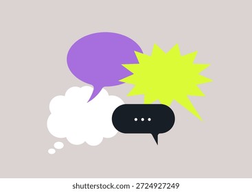 En una interacción animada, cuatro burbujas de opinión únicas flotan, mostrando una variedad de pensamientos e ideas contra un fondo suave, invitando a los espectadores a participar en la conversación.