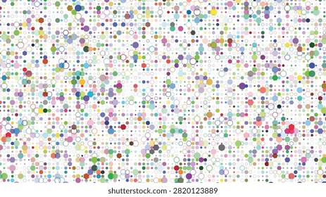 A lively and intricate design composed of numerous tiny, vibrant hexagons and circles randomly spread across the frame, offering a cheerful visual.