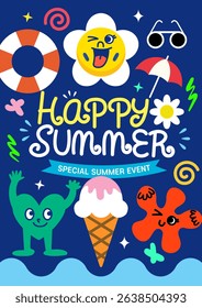 A lively and joyful summer event poster featuring cute ice cream and character icons
