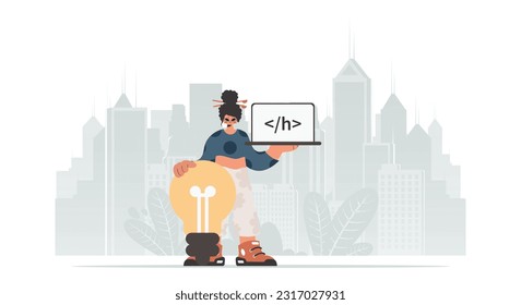 The lively lady is holding a browser window with a programming picture, and to boot standing close a colossal light bulb. Trendy style, Vector Illustration