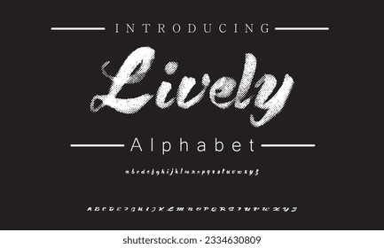 Lively Lettering font isolated on black background. Texture alphabet in street art and graffiti style. Grunge and dirty effect.  Vector brush letters.