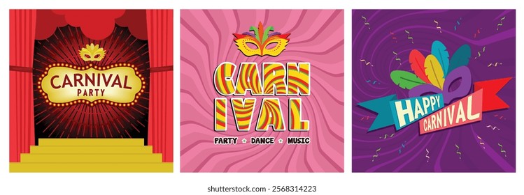 A lively Mardi Gras celebration. Festival with masks and traditional music.Traditional mask with feathers and confetti. Carnival Party concept. Set flat vector illustration.