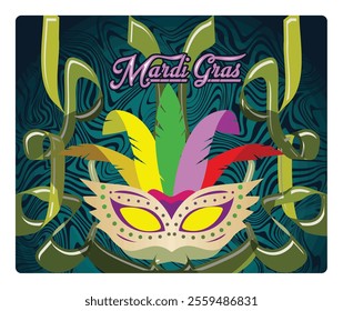 A lively and lively Mardi Gras celebration. Party masks are decorated with colorful feathers and swirling ribbons. Carnival party concept. Flat vector illustration. 