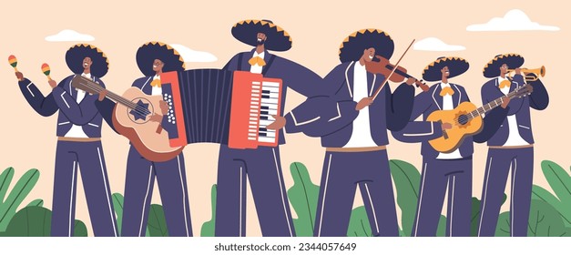 Lively Mariachi Musician Characters Band Playing Traditional Mexican Instruments Like Trumpets, Violins, And Guitars