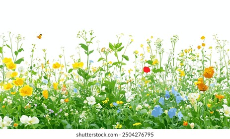 A lively meadow filled with colorful wildflowers in full bloom. A butterfly flutters above, adding to the serenity of the scene