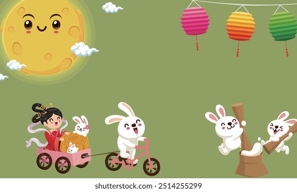 A lively Mid-Autumn scene featuring bunnies riding a bike while pulling the Moon Goddess and a giant mooncake in a cart.