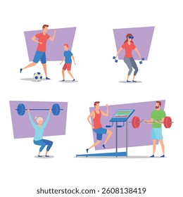 Lively mix of fitness activities including parent and child playing soccer, people lifting weights, running on treadmills, and exercising with dumbbells. Healthy lifestyle concept