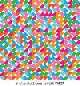 Um mosaico vivo de formas geométricas interconectadas, incluindo círculos e quadrados em tons laranja, rosa, verde e azul brilhantes, criando um visual perfeito.