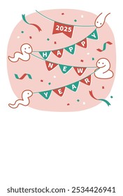 A lively New Year's card with a cute snake and garland [Vertical] (2025, Snake)