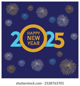 A lively New Year's Eve party. Colorful fireworks on a blue background. Happy New Year 2025 concept. Flat vector illustration.