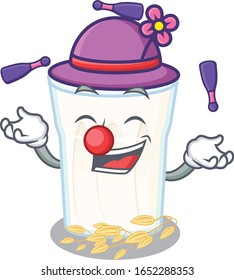 a lively oats milk cartoon character design playing Juggling