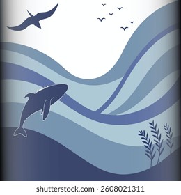 A lively ocean scene showcasing a playful whale breaching the surface of the water, with birds gliding gracefully above. The design features soft blue waves and underwater details, 