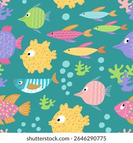 Lively ocean vector pattern featuring cartoon fish, seaweed, coral, and bubbles.
 Great for summer themes, kids’ rooms, and marine designs.