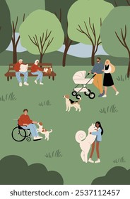 A lively park scene with people and dogs. An elderly couple reads on a bench, a couple pushes a baby stroller, a person in a wheelchair pets a dog, and a woman hugs a large white dog.