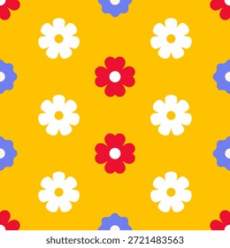 A lively pattern displays various flowers in red, white, and blue hues against a bright yellow backdrop. The arrangement is symmetrical, creating a cheerful and vibrant aesthetic.
