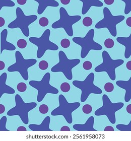 A lively pattern featuring green stars and purple dots on a light blue background.