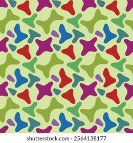 A lively pattern featuring star-shaped motifs in red, purple, blue, and green on a light green background, perfect for textiles and decorative uses.