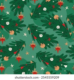 A lively pattern filled with cheerful Christmas trees adorned with colorful ornaments and bright stars. Background for fabric, textile and wrapping paper, wallpaper, cover, card 