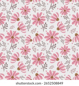 A lively pattern of pink coneflowers and foliage on a light pink background, perfect for textiles and fabric design.