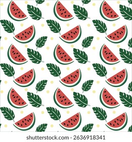 A lively pattern of watermelon slices and green monstera leaves on a white background.