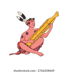 A lively performance of a Dayak man playing the Sape musical instrument. Featuring ornate tribal attire and traditional tattoos, this clip art celebrates Indonesian ethnic heritage.